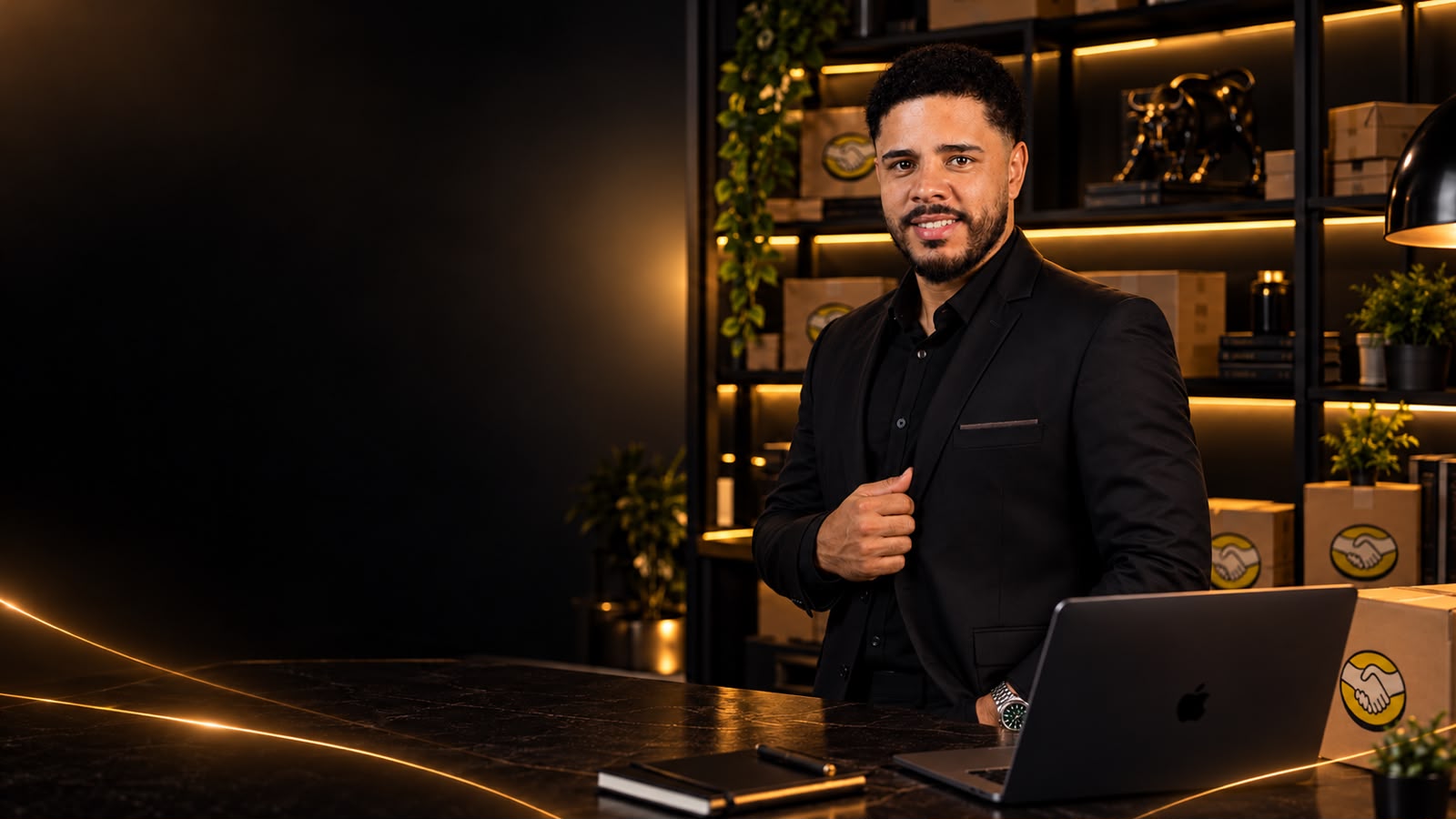 Expert da imersão em escritório preto e dourado com caixas e notebook