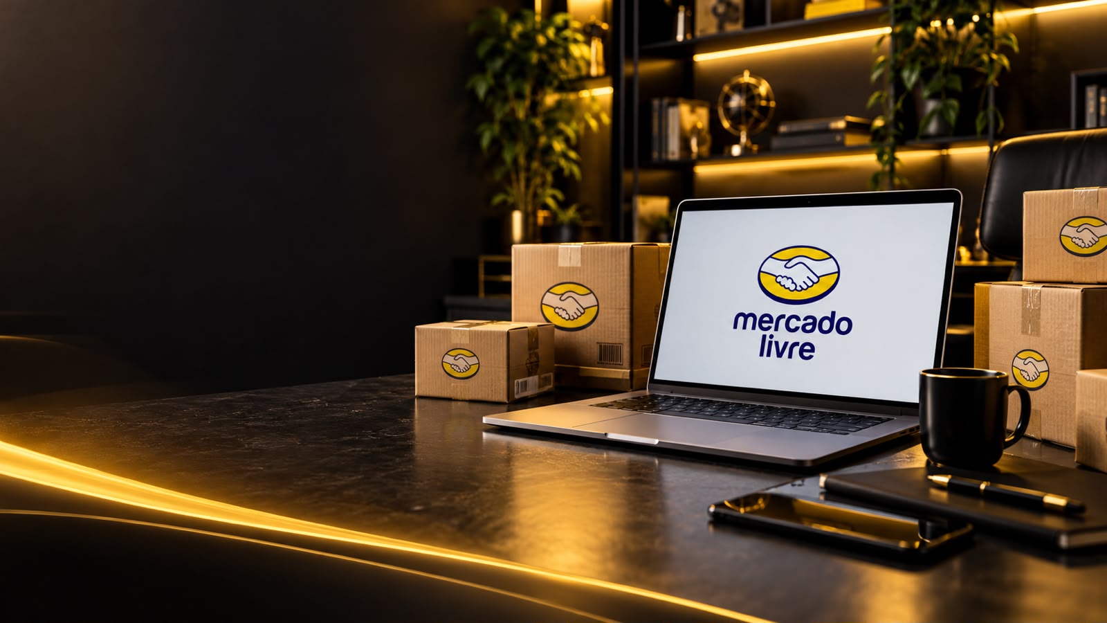 Notebook com Mercado Livre e caixas no escritório